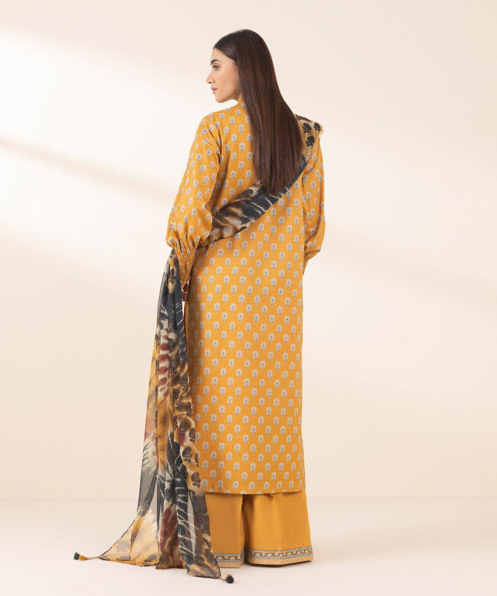 Women's Unstitched Cotton Printed Yellow 3 Piece Suit