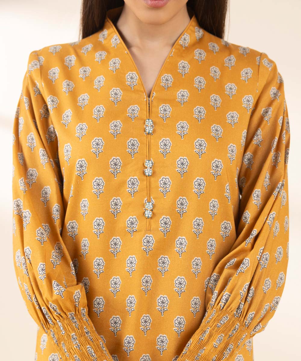 Women's Unstitched Cotton Printed Yellow 3 Piece Suit