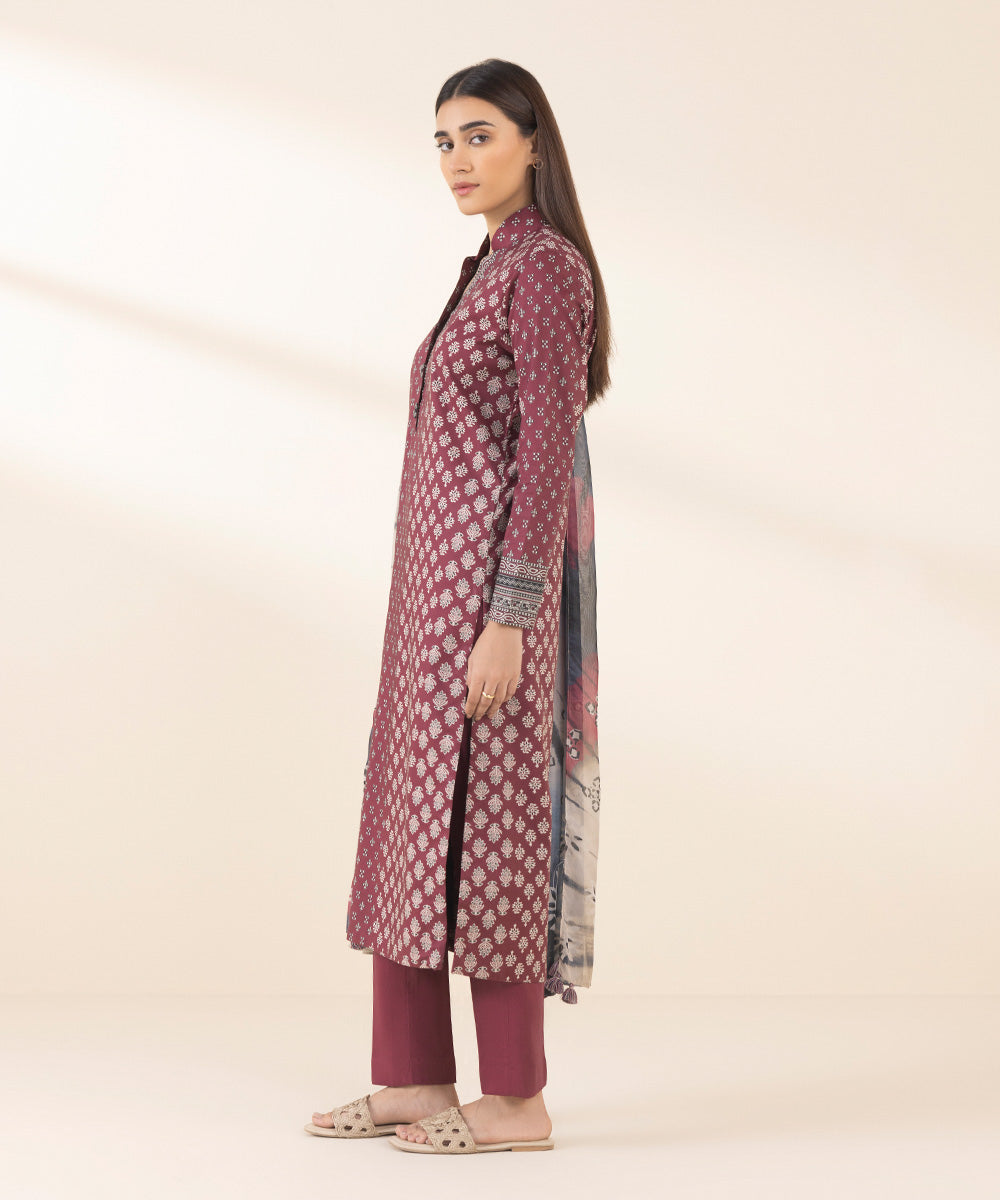 Women's Unstitched Cotton Printed Red 3 Piece Suit