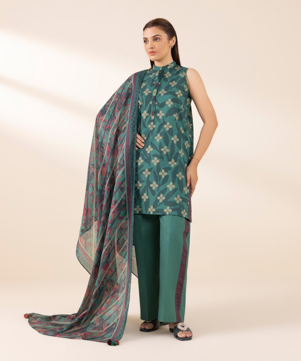 Women's Unstitched Lawn Printed Green 3 Piece Suit