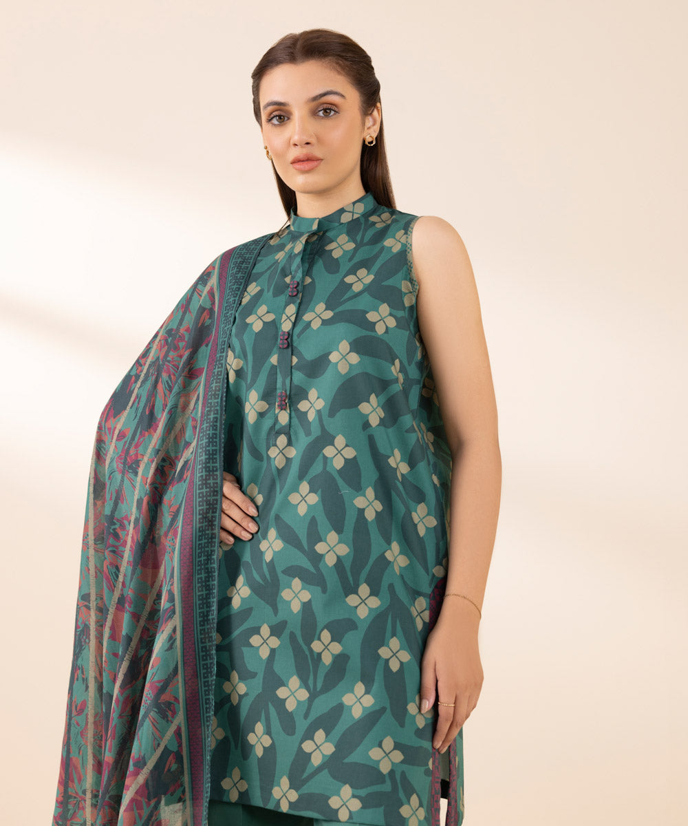 Women's Unstitched Lawn Printed Green 3 Piece Suit