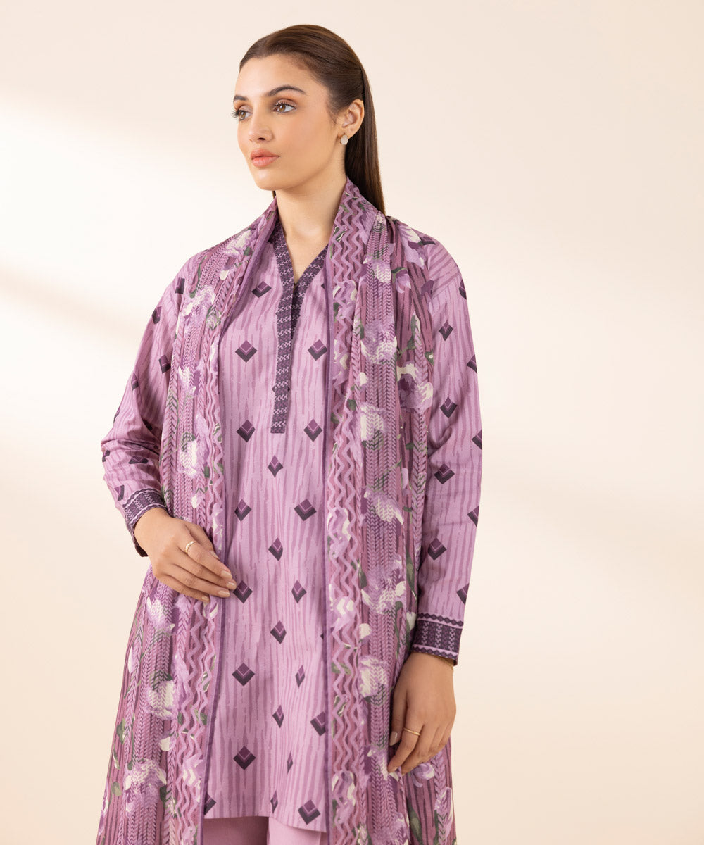 Women's Unstitched Lawn Printed Purple 3 Piece Suit