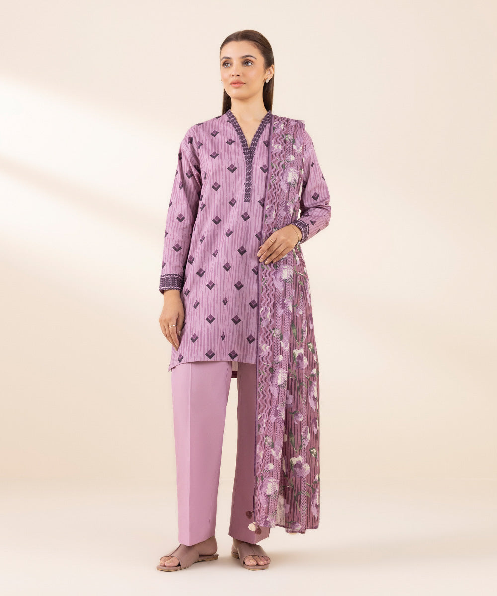 Women's Unstitched Lawn Printed Purple 3 Piece Suit