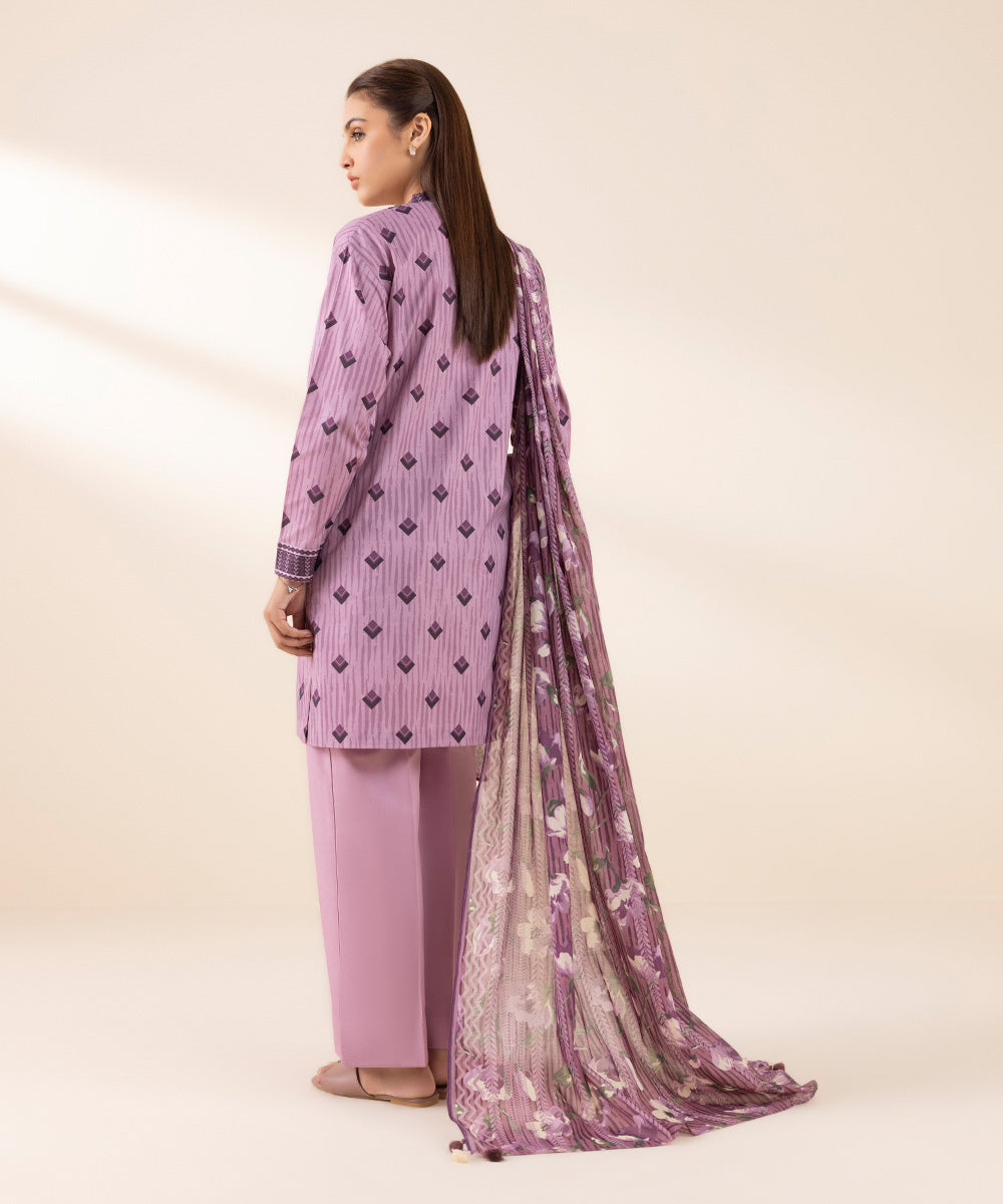 Women's Unstitched Lawn Printed Purple 3 Piece Suit