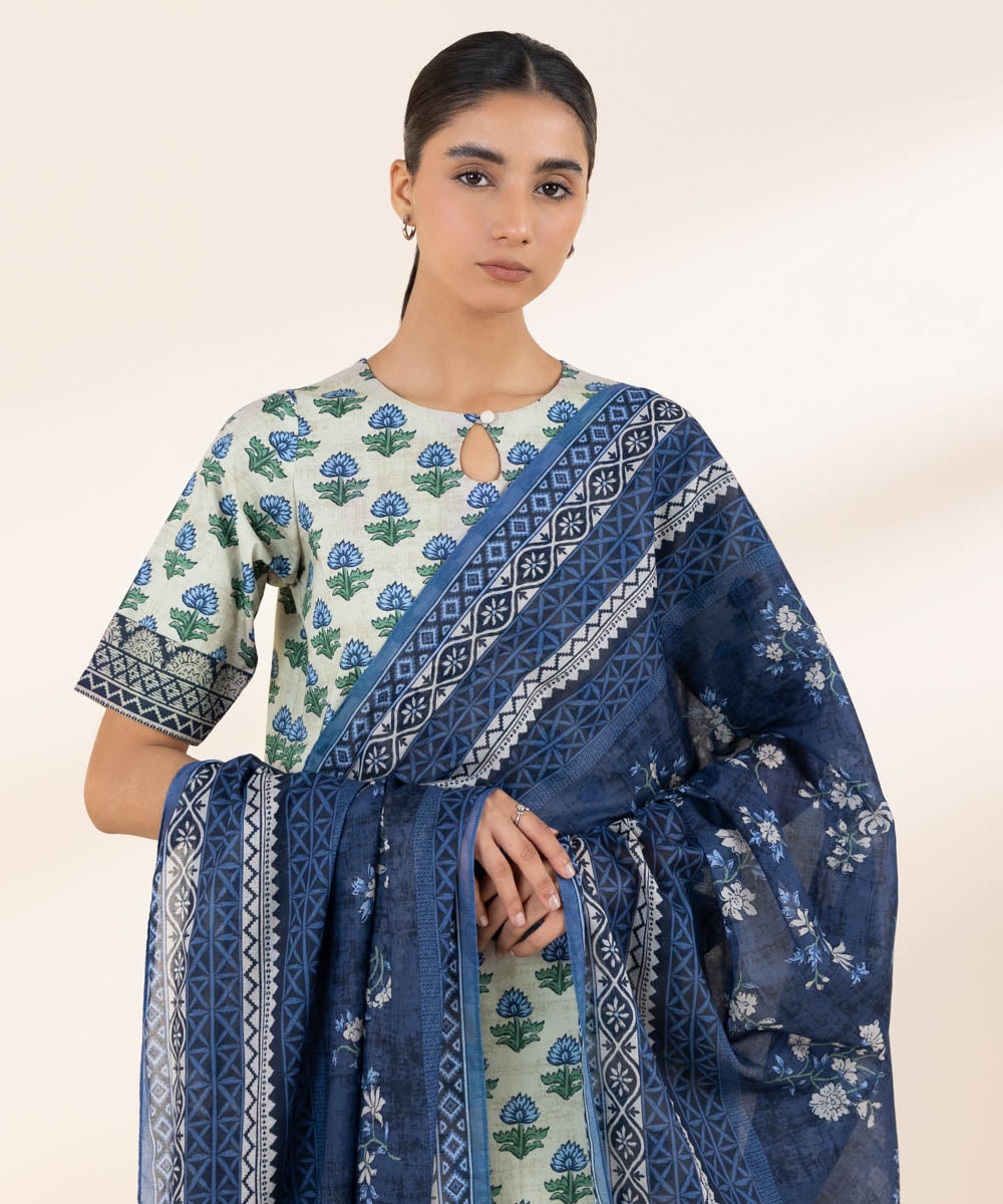 Women's Unstitched Lawn Printed Blue 3 Piece Suit