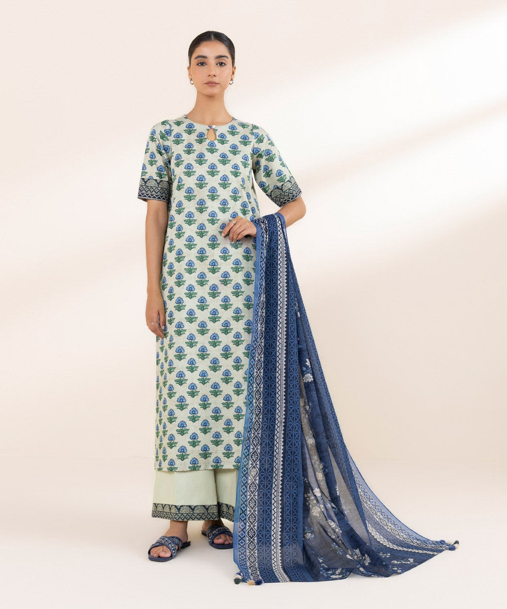 Women's Unstitched Lawn Printed Blue 3 Piece Suit