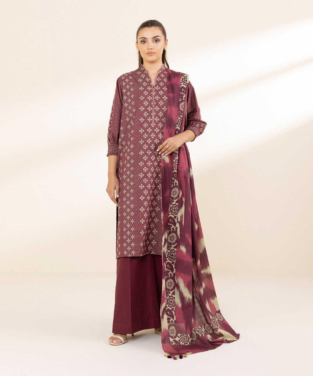 Unstitched Women's Printed Zari Lawn Red Three Piece Suit 