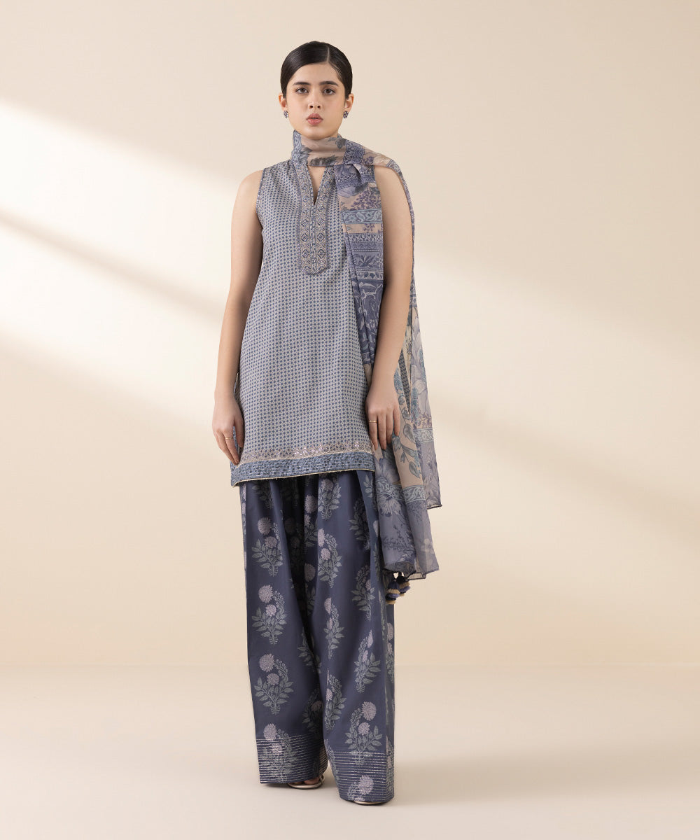 Unstitched Women's Embroidered Lawn Blue Three Piece Suit 