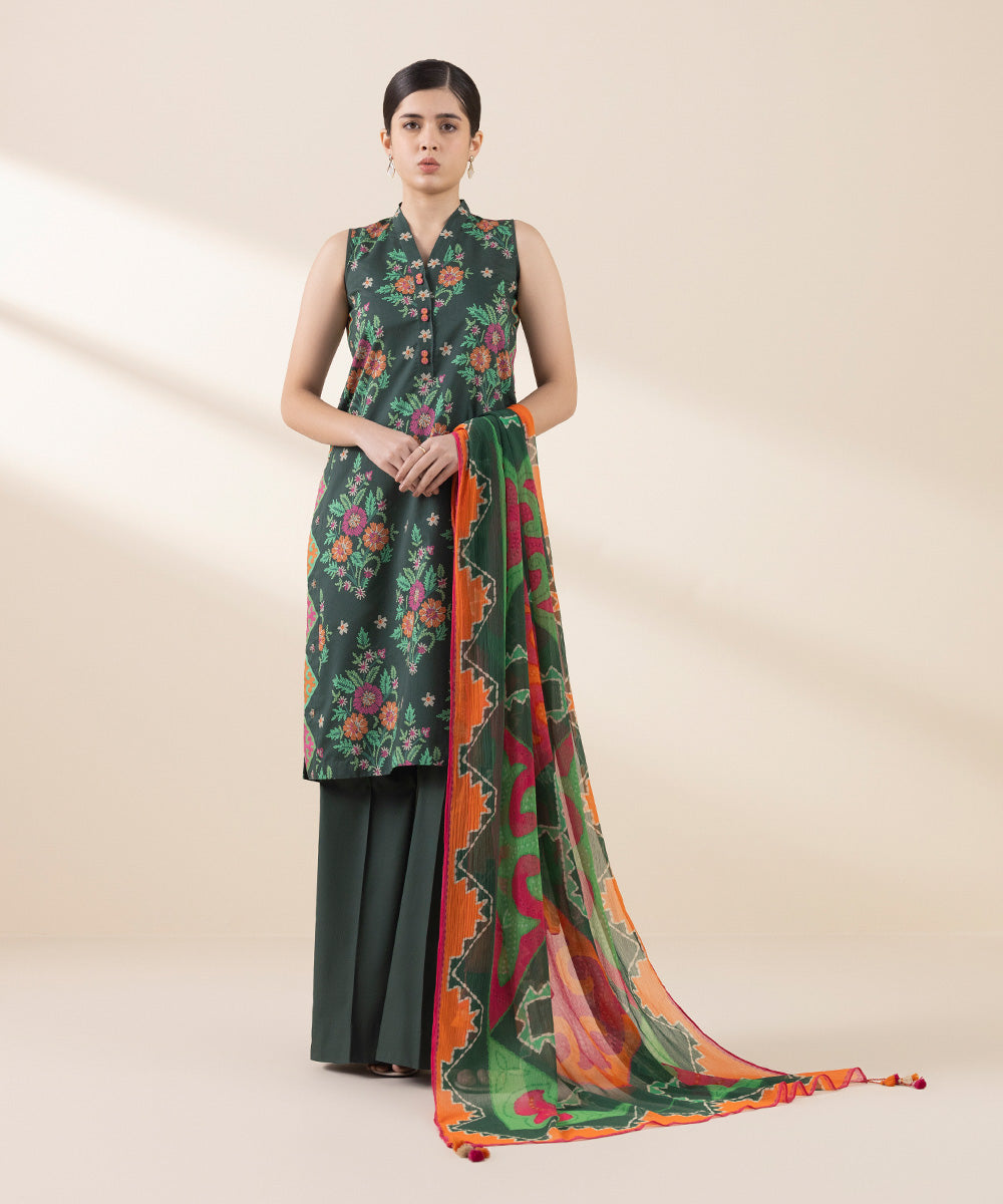 Unstitched Women's Printed Lawn Green Three Piece Suit 