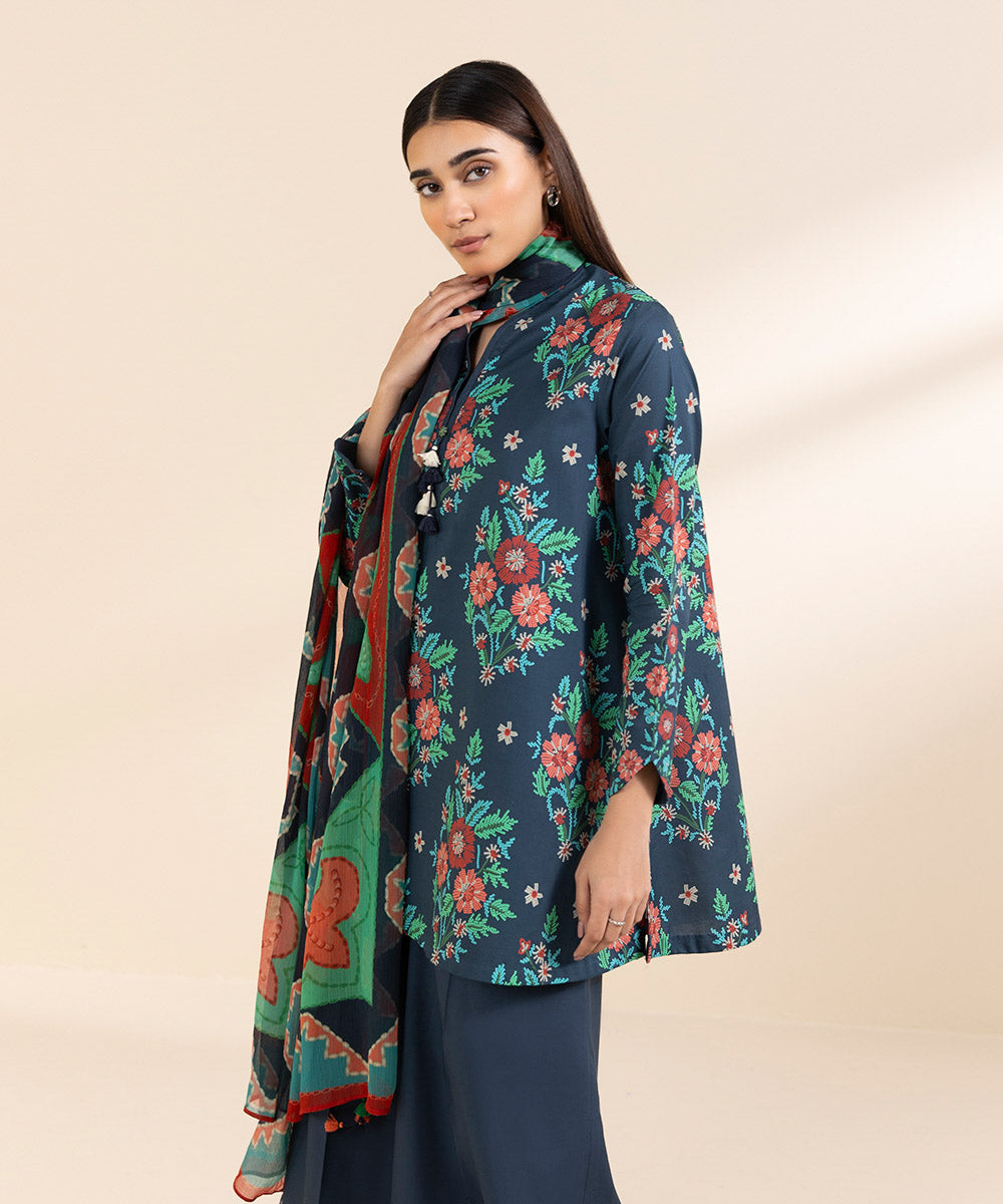 Unstitched Women's Printed Lawn Blue Three Piece Suit 