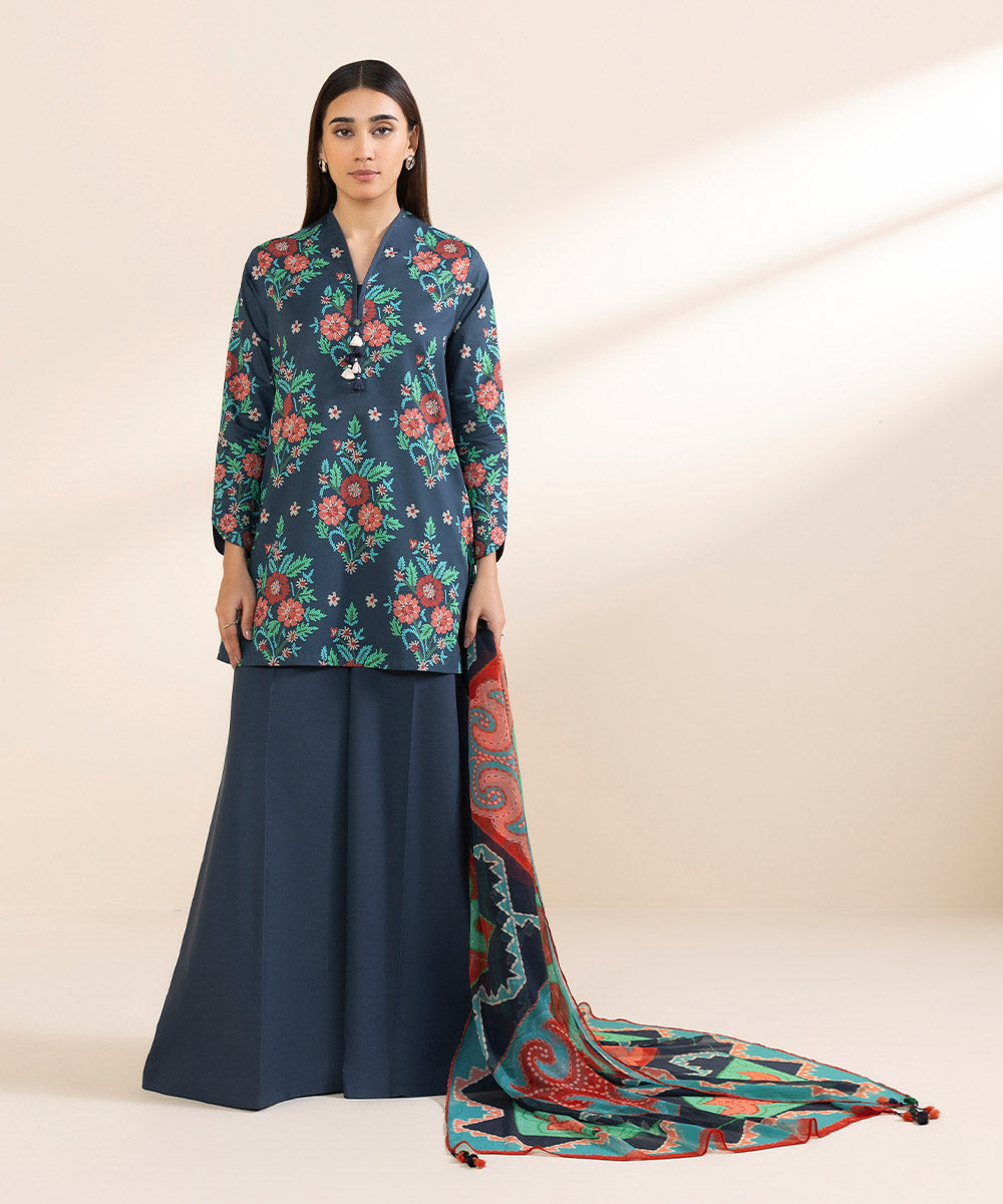 Unstitched Women's Printed Lawn Blue Three Piece Suit 