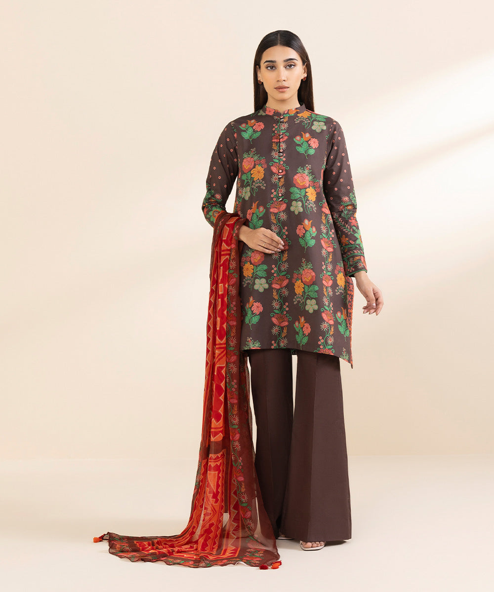 Unstitched Women's Printed Lawn Brown Three Piece Suit 