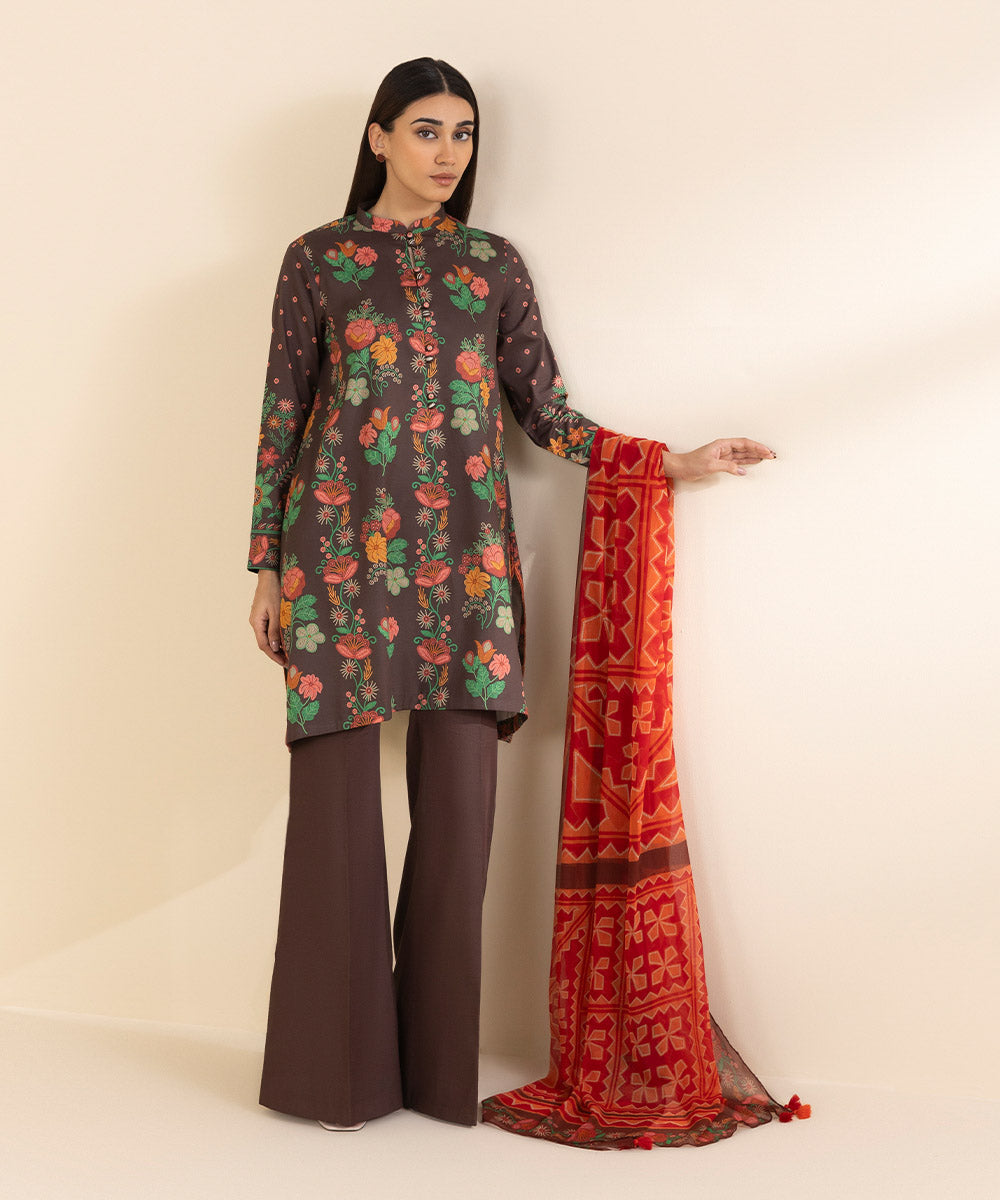 Unstitched Women's Printed Lawn Brown Three Piece Suit 