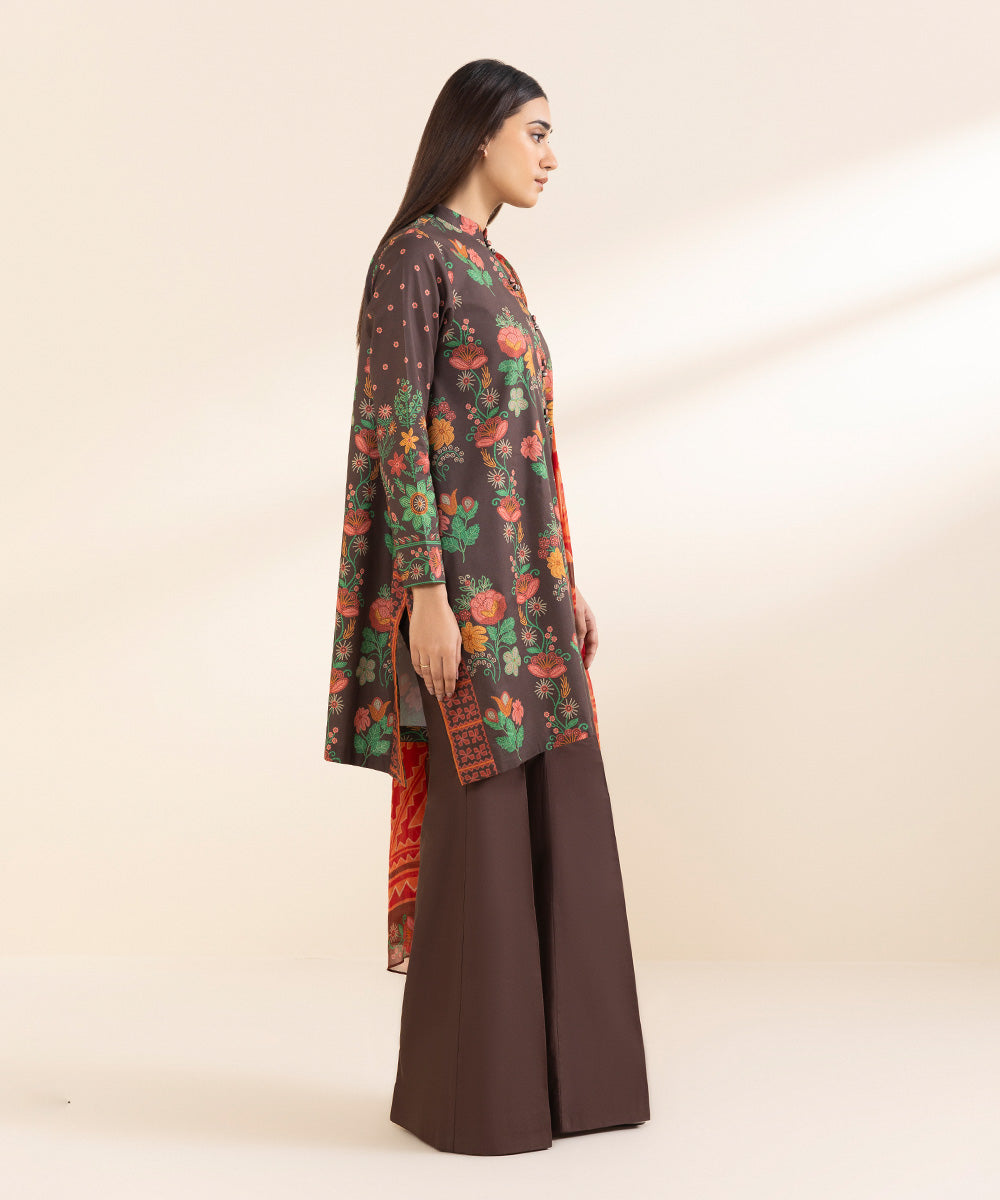 Unstitched Women's Printed Lawn Brown Three Piece Suit 