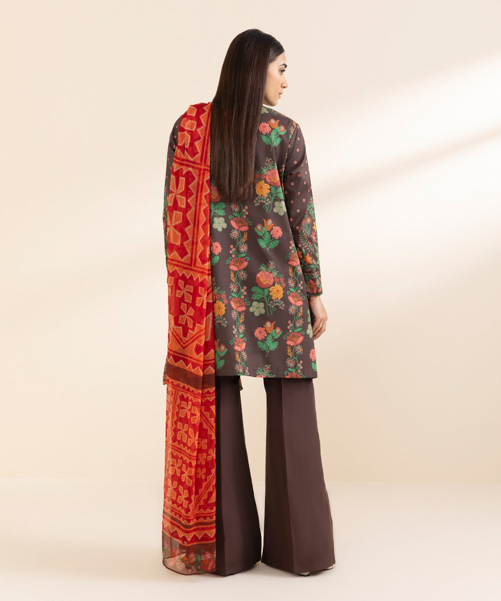 Unstitched Women's Printed Lawn Brown Three Piece Suit 