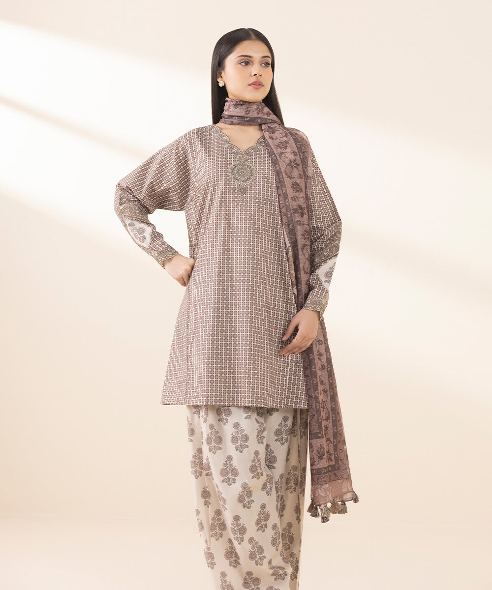 Unstitched Women's Embroidered Lawn Brown Three Piece Suit 