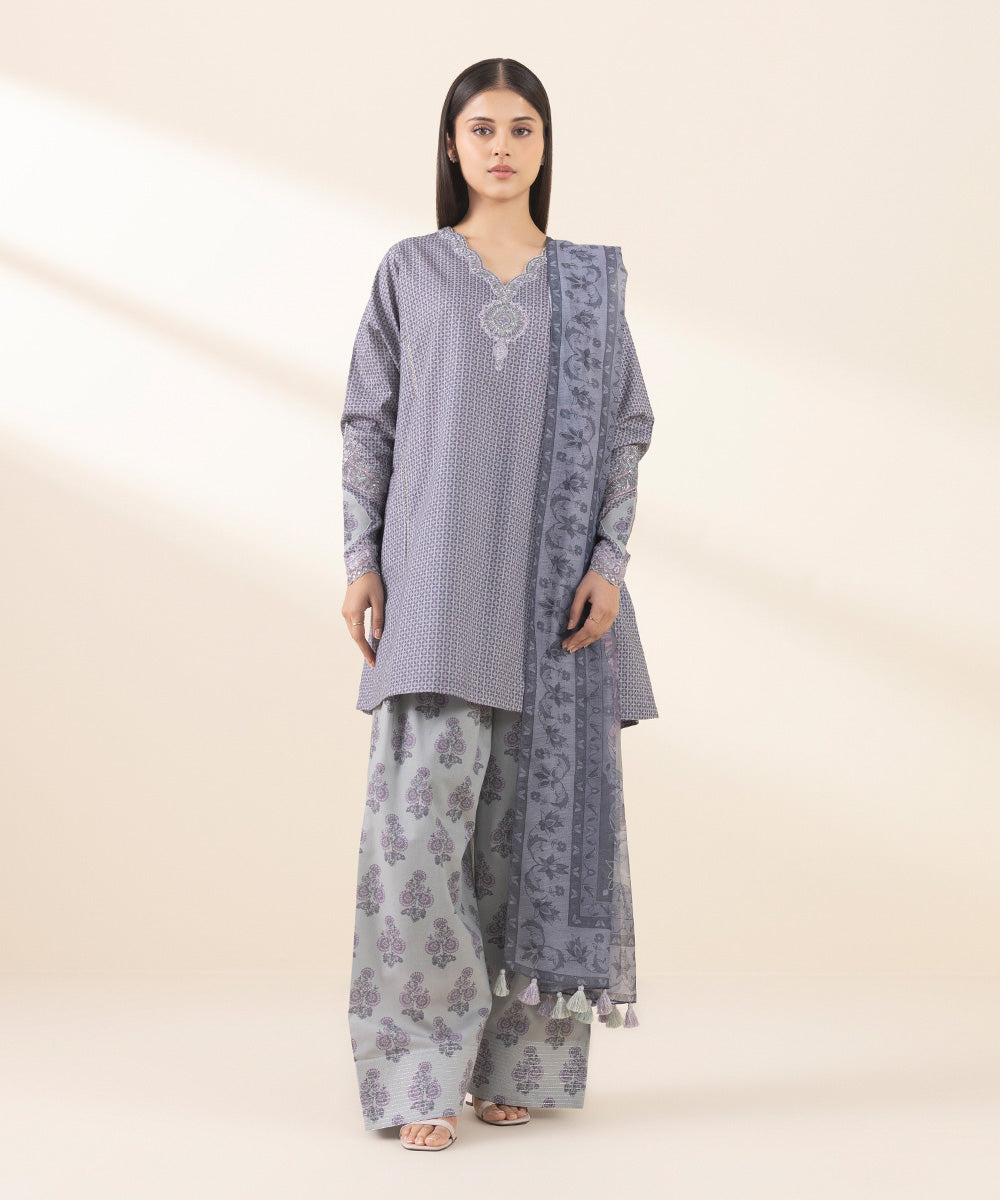 Unstitched Women's Embroidered Lawn Grey Three Piece Suit 