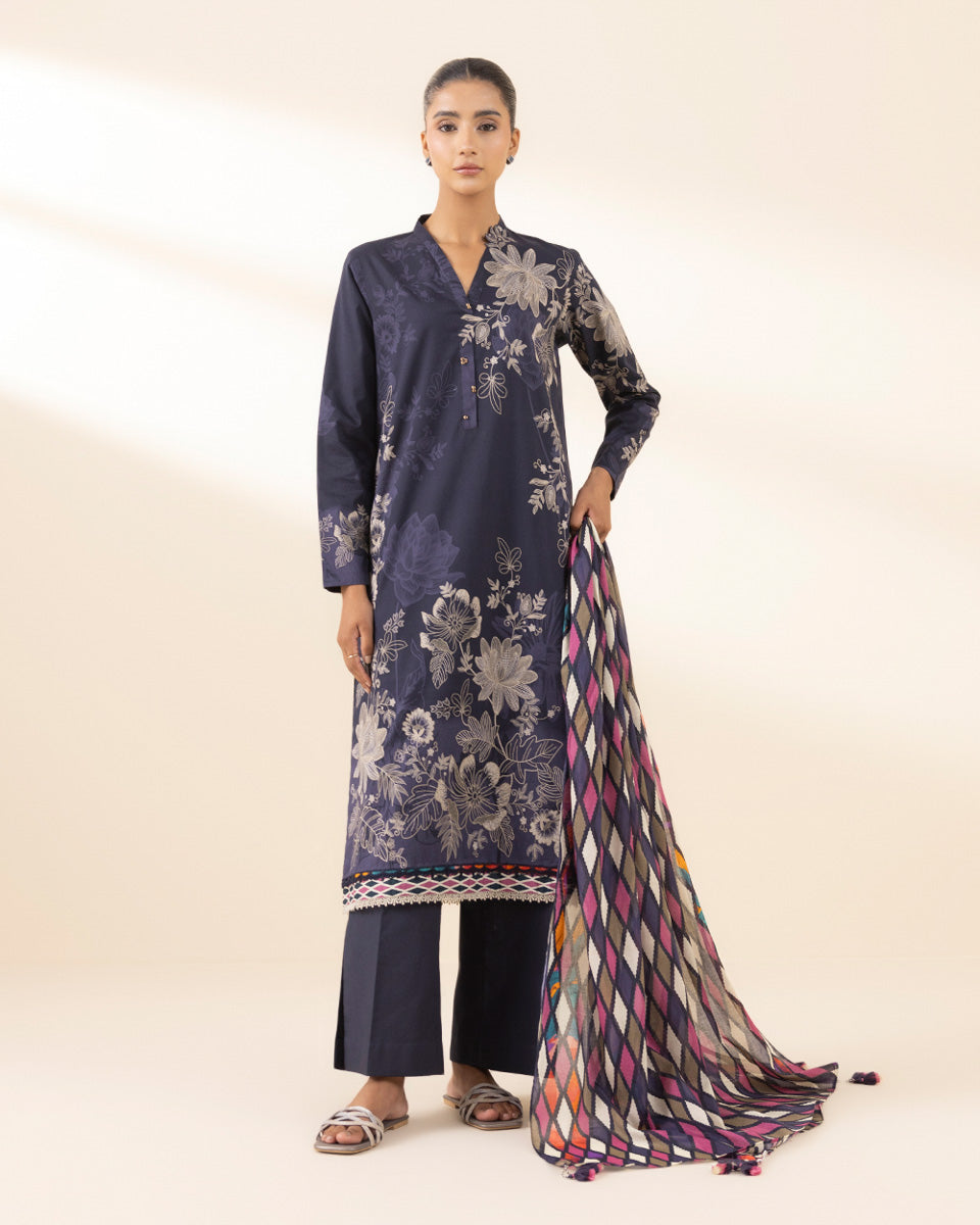 Unstitched Women's Blue Lawn Printed 3 Piece Suit 