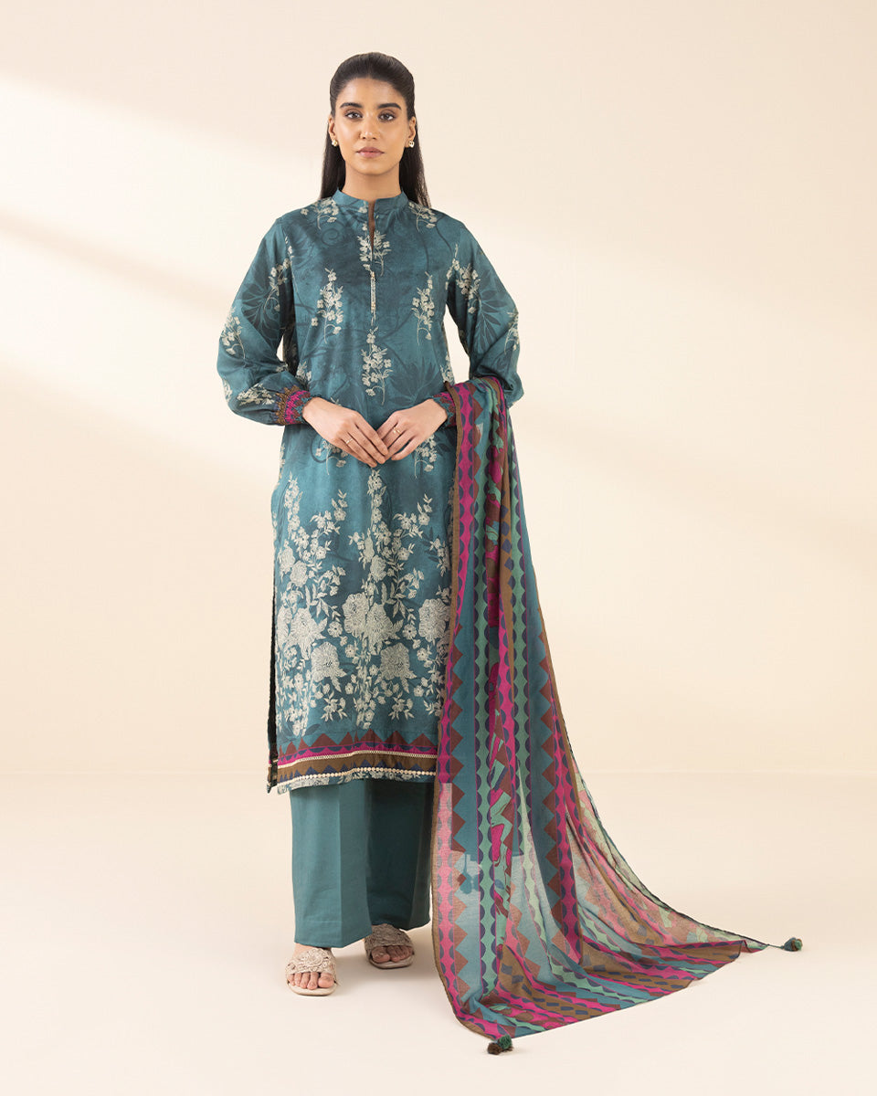 Unstitched Women's Green Lawn Printed 3 Piece Suit 