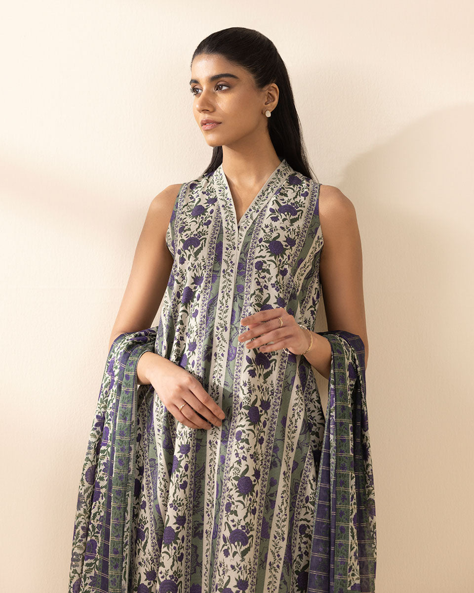 Unstitched Women's Off White Lawn Printed 3 Piece Suit 