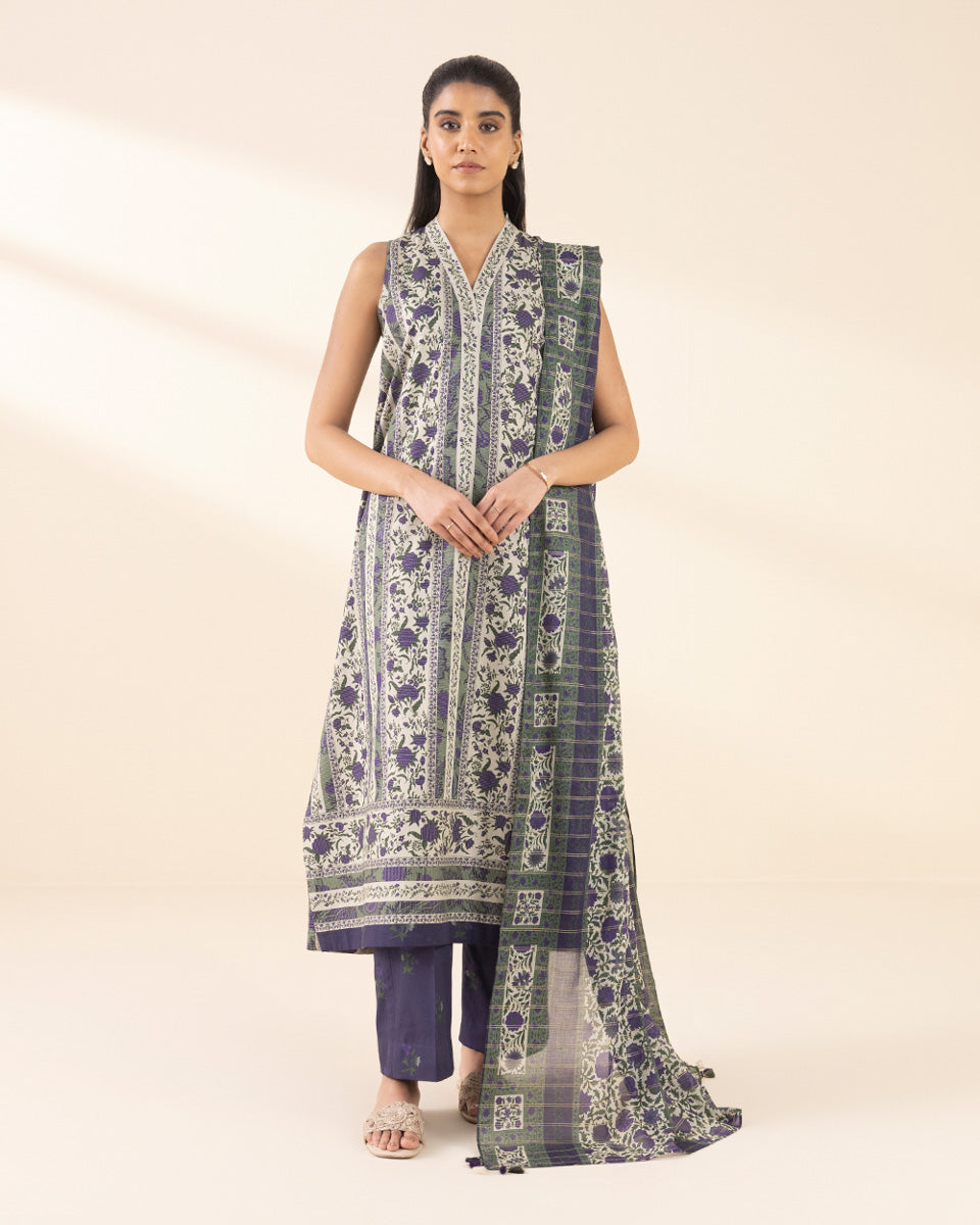 Unstitched Women's Off White Lawn Printed 3 Piece Suit 