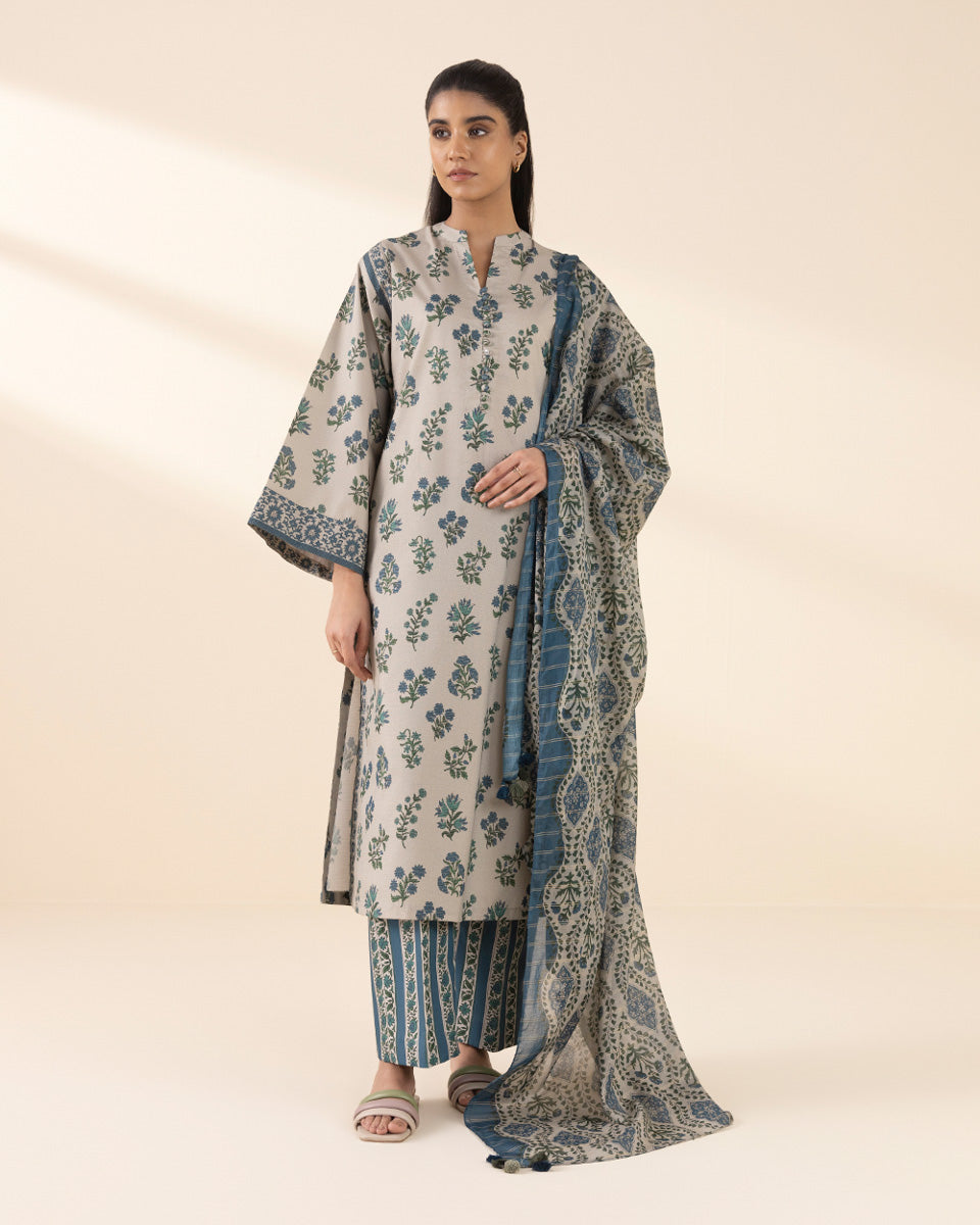 Unstitched Women's Beige Lawn Printed 3 Piece Suit 