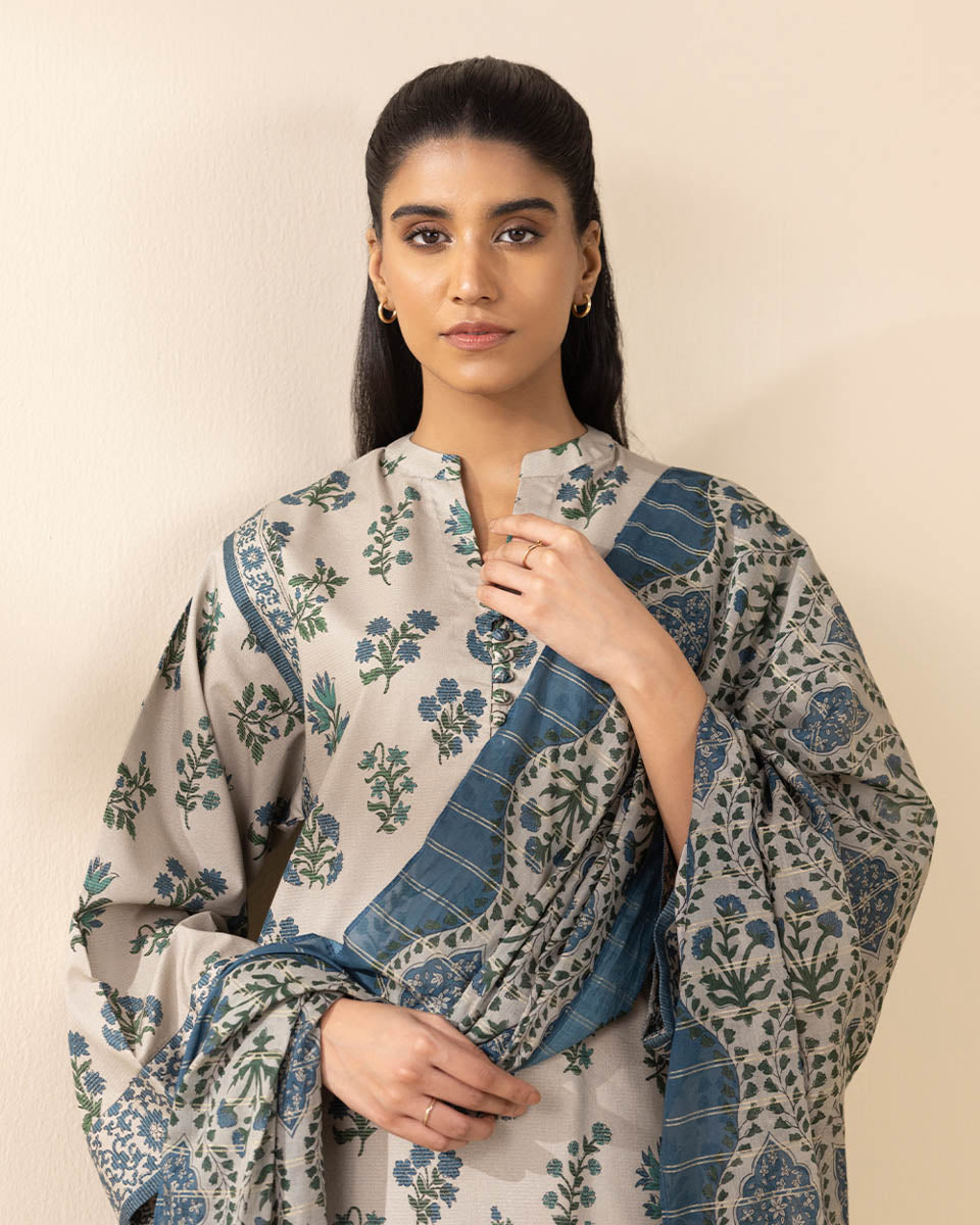 Unstitched Women's Beige Lawn Printed 3 Piece Suit 