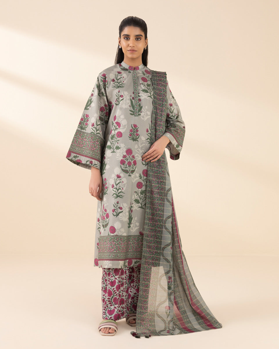 Unstitched Women's Green Lawn Printed 3 Piece Suit 