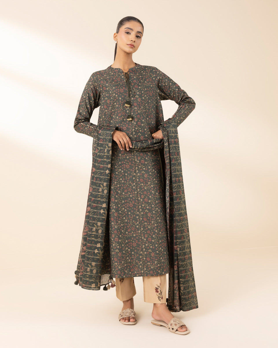 Unstitched Women's Green Lawn Printed 3 Piece Suit 