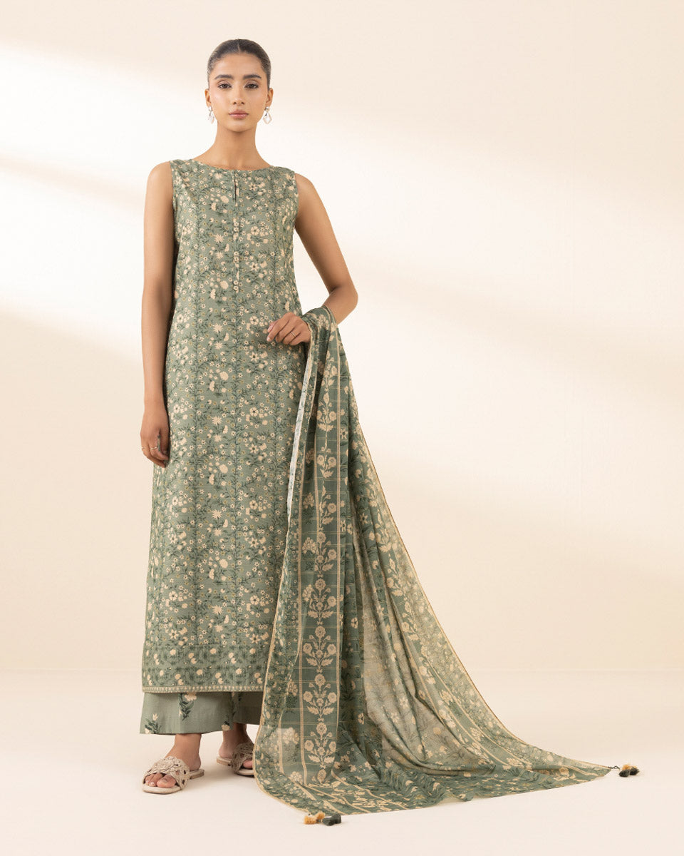 Unstitched Women's Green Lawn Printed 3 Piece Suit 