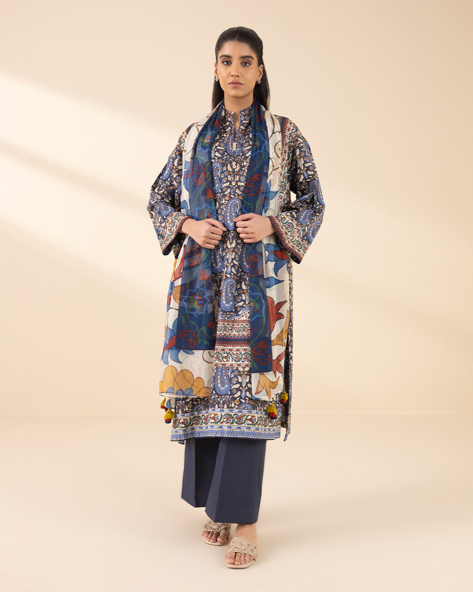 Unstitched Women's Blue Lawn 3 Piece Suit