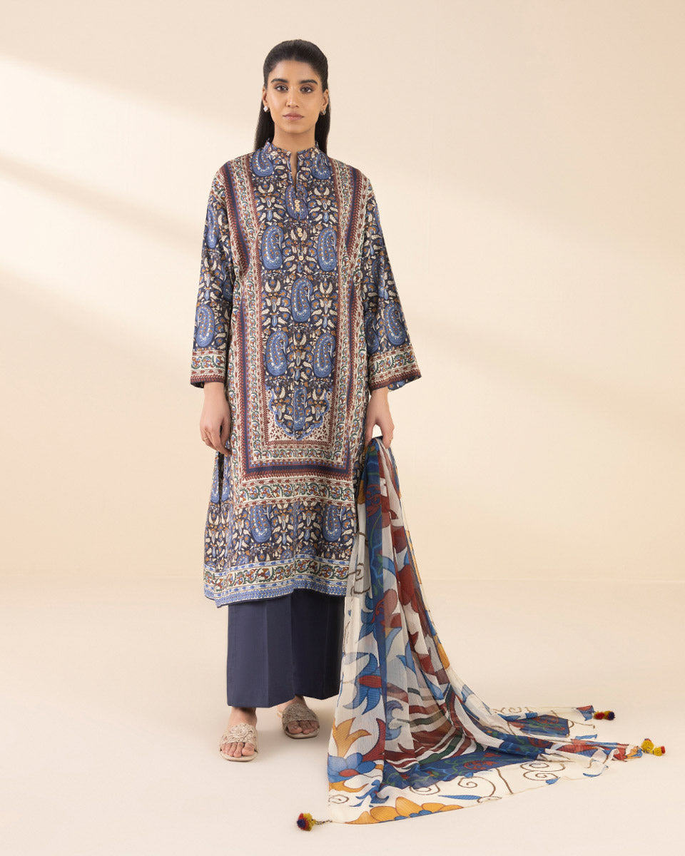 Unstitched Women's Blue Lawn 3 Piece Suit