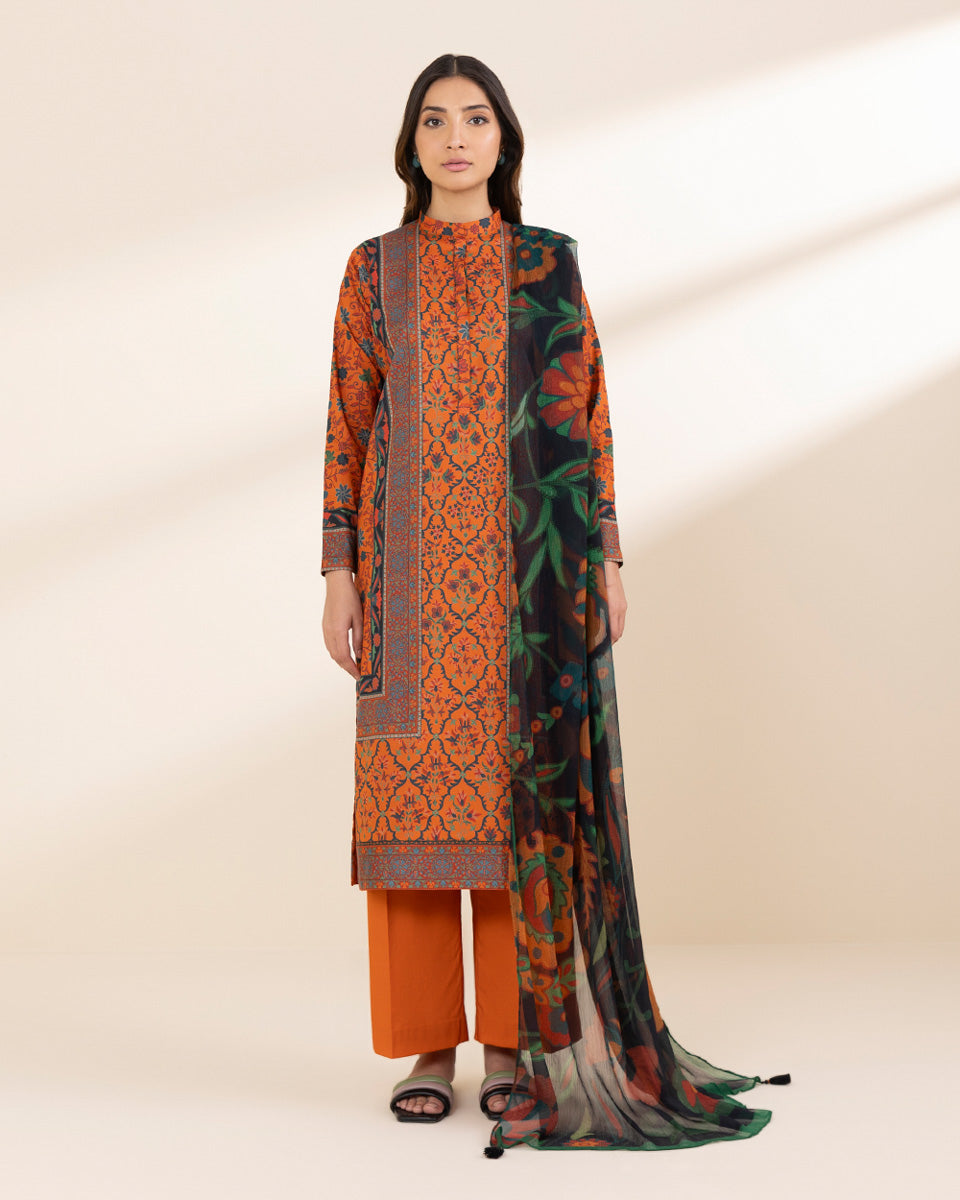 Unstitched Women's Orange Lawn 3 Piece Suit