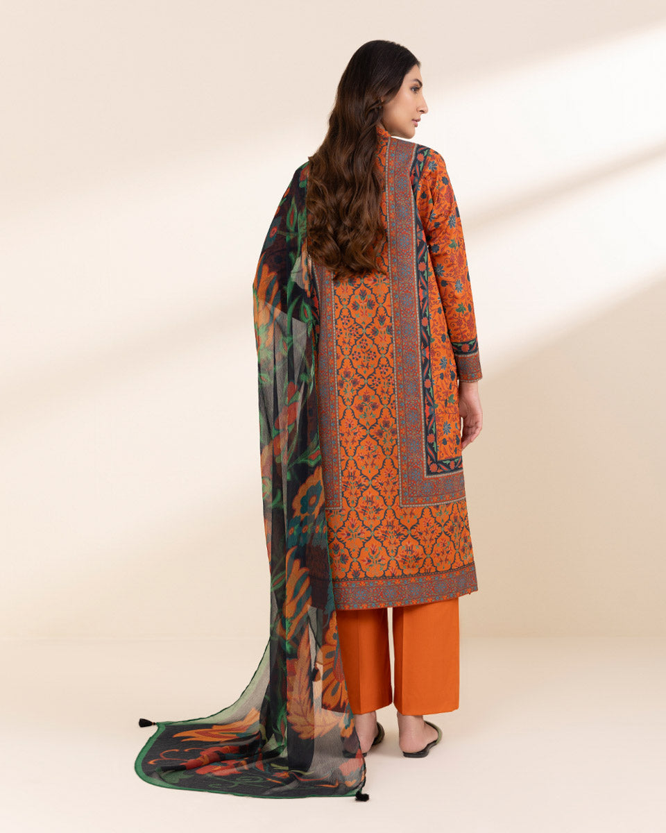 Unstitched Women's Orange Lawn 3 Piece Suit