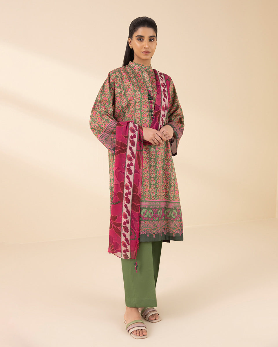 Unstitched Women's Green Lawn 3 Piece Suit