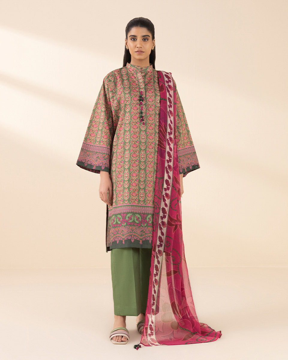 Unstitched Women's Green Lawn 3 Piece Suit
