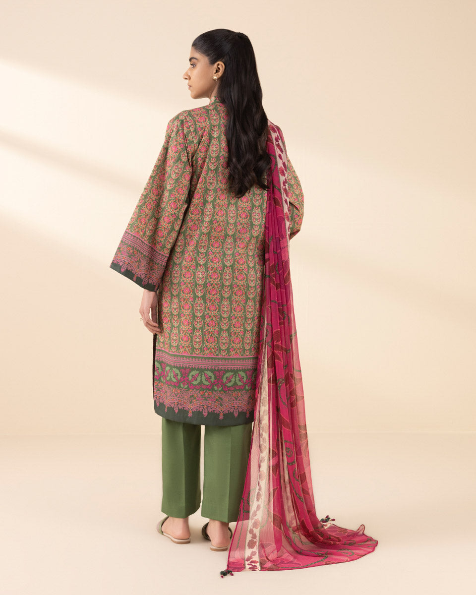 Unstitched Women's Green Lawn 3 Piece Suit