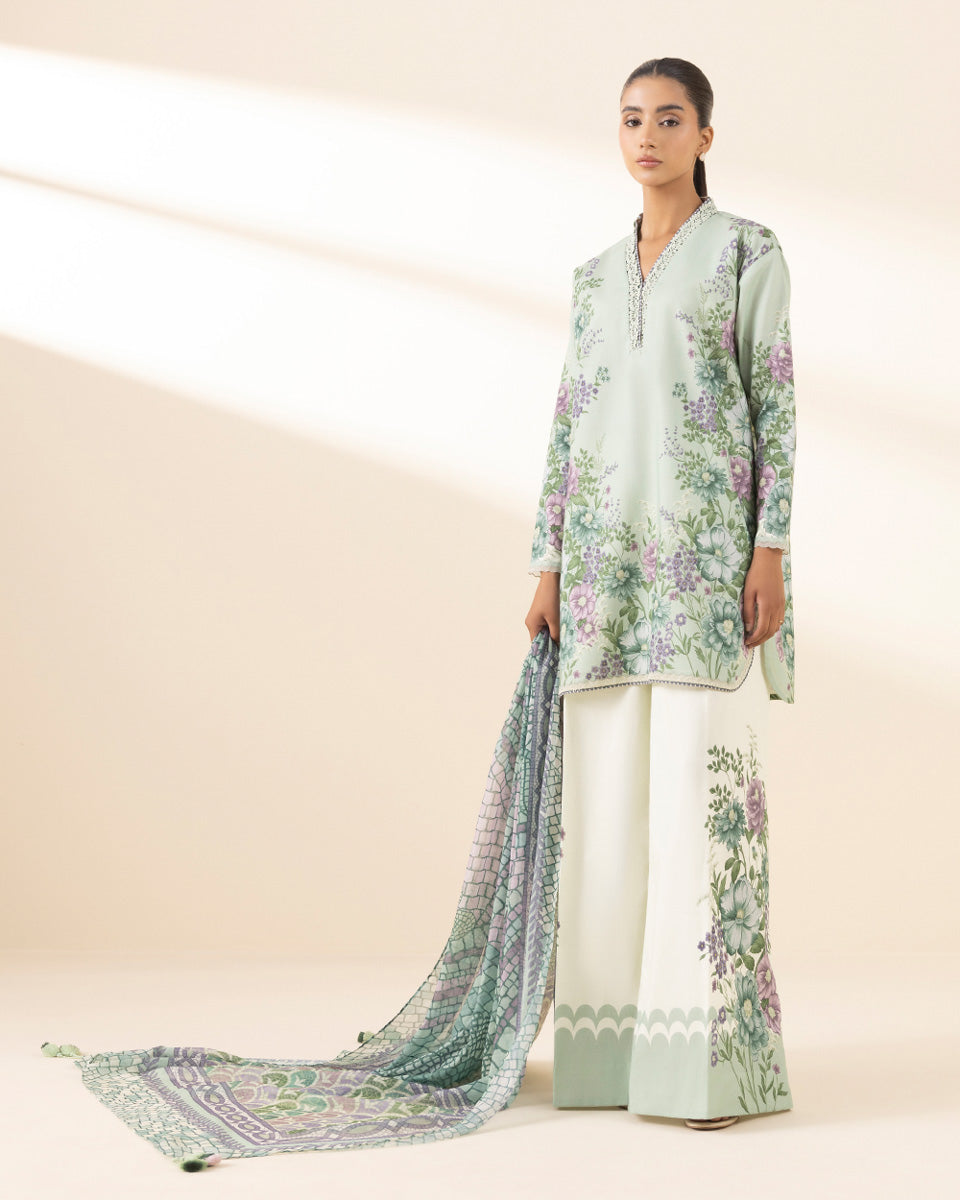 Unstitched Women's Green Lawn 3 Piece Suit
