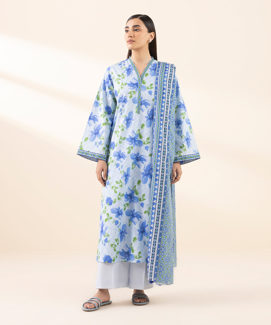 Women's Unstitched Lawn Printed Blue 3 Piece Suit