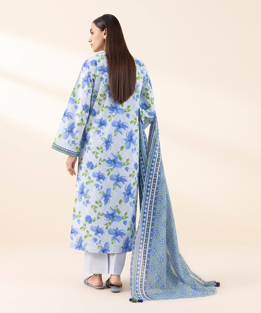 Women's Unstitched Lawn Printed Blue 3 Piece Suit