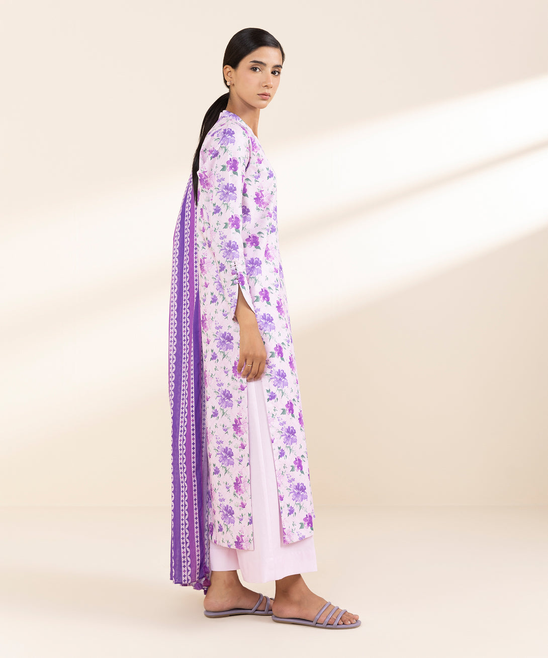 Women's Unstitched Lawn Printed Purple 3 Piece Suit