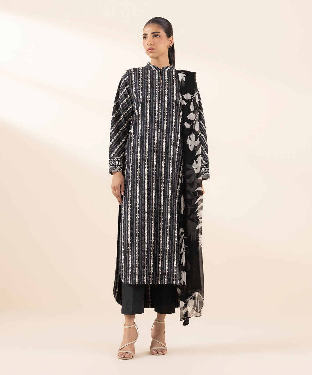 Women's Unstitched Lawn Printed Black 3 Piece Suit