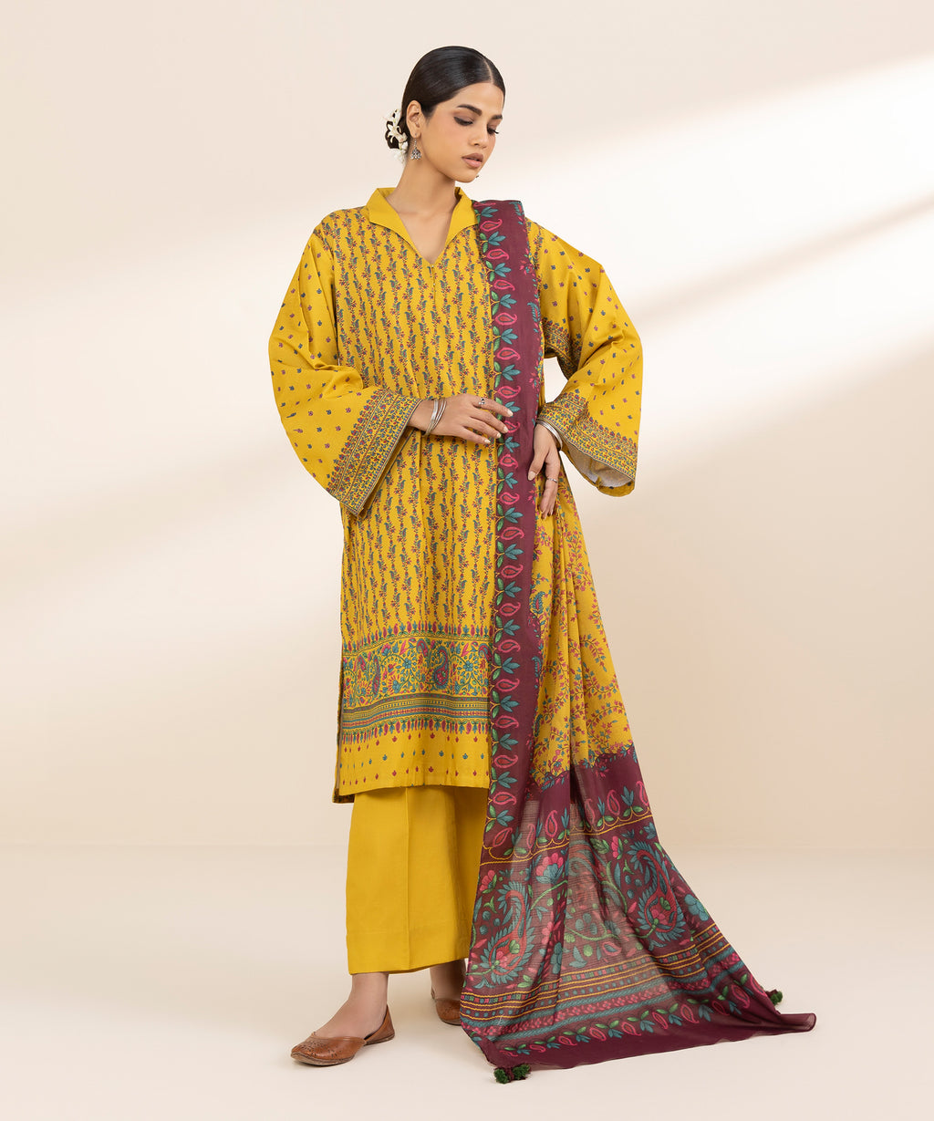 Women's Unstitched Lawn Printed Yellow 3 Piece Suit