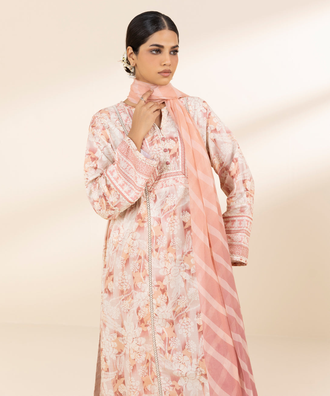 Women's Unstitched Lawn Printed Pink 3 Piece Suit