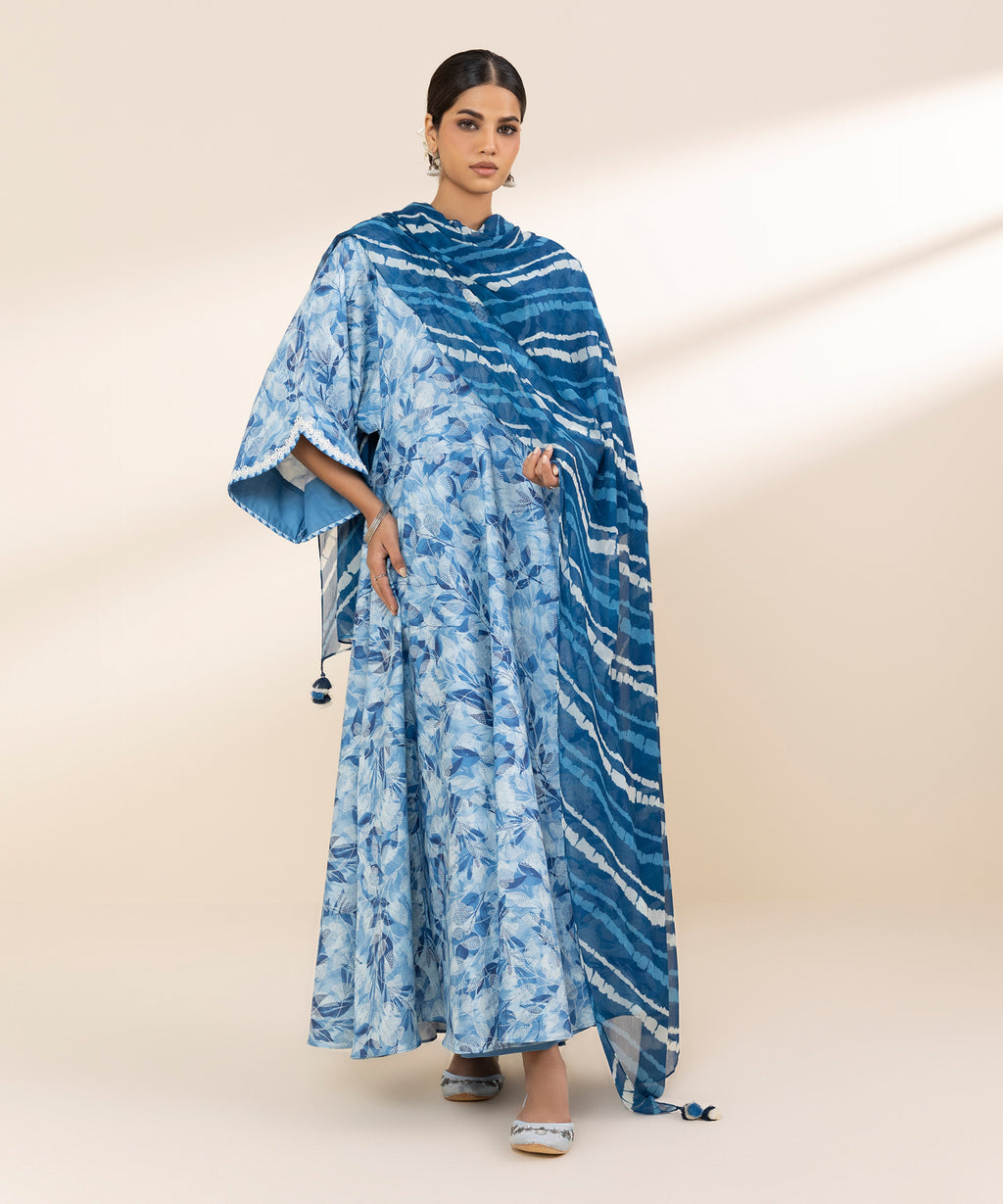Women's Unstitched Lawn Printed Blue 3 Piece Suit
