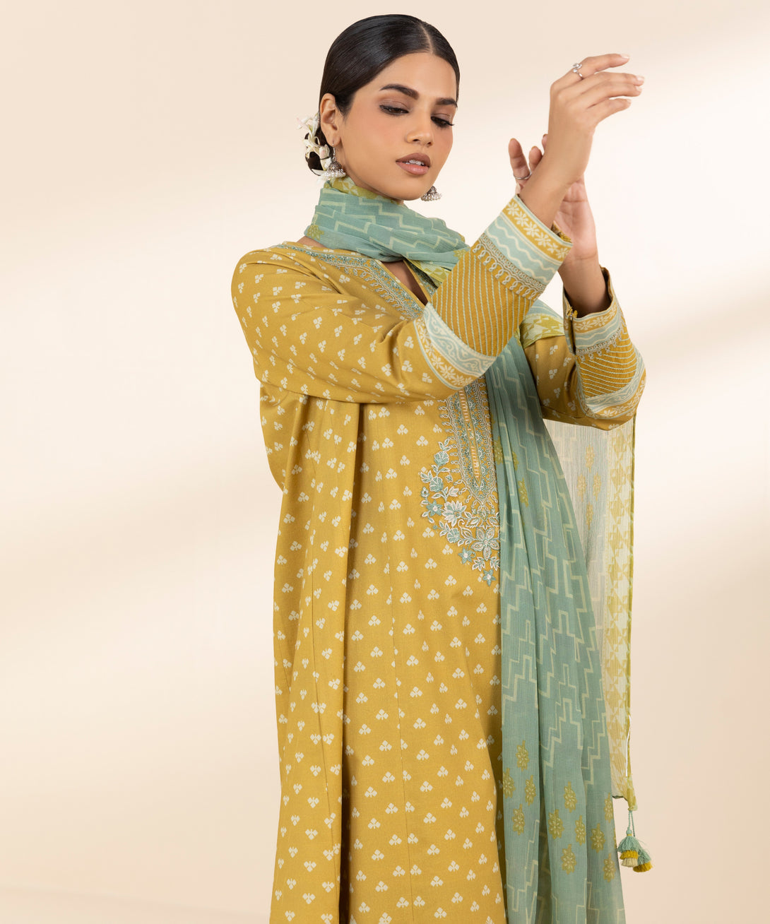 Women's Unstitched Lawn Embroidered Yellow 3 Piece Suit