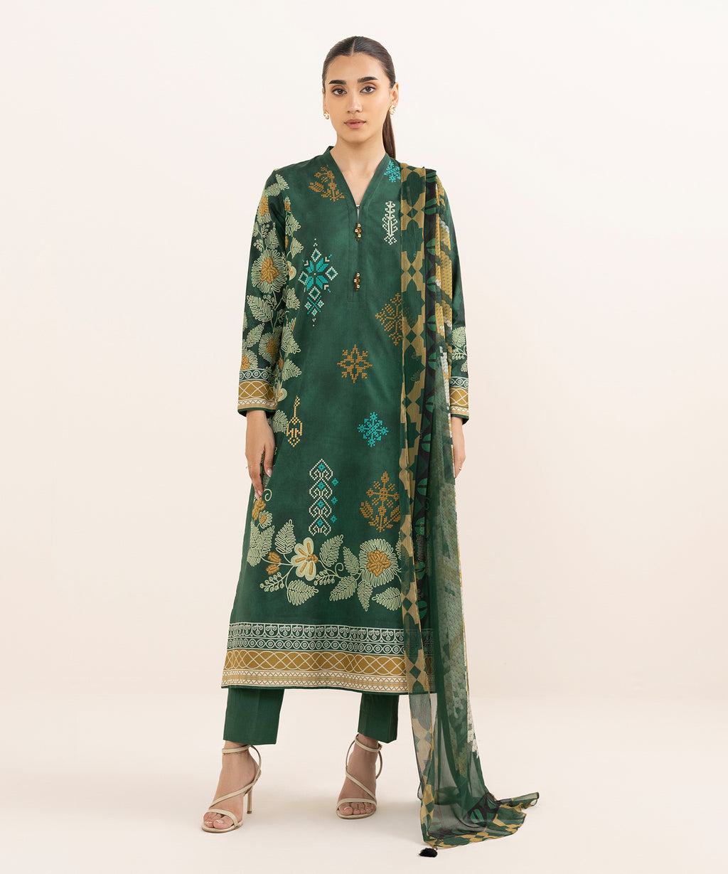 Women's Unstitched Lawn Printed Green 3 Piece Suit