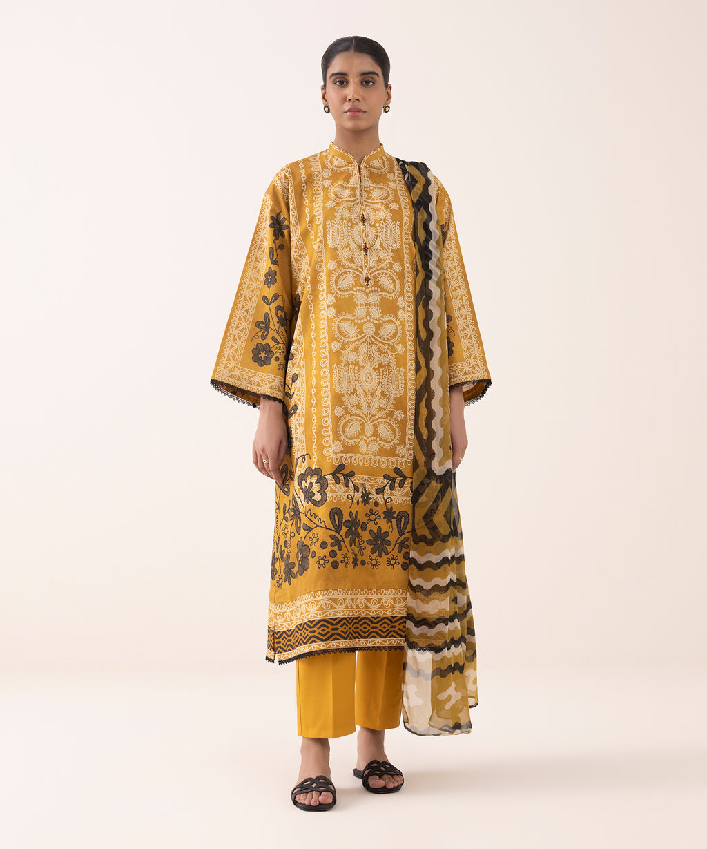 Women's Unstitched Lawn Printed Orange 3 Piece Suit