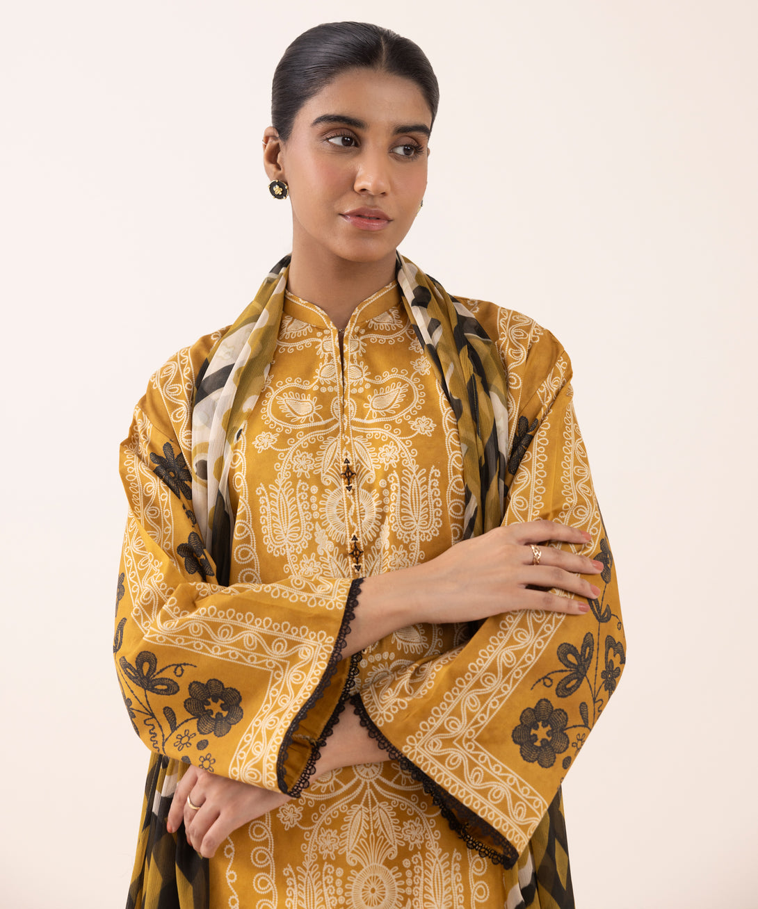 Women's Unstitched Lawn Printed Orange 3 Piece Suit