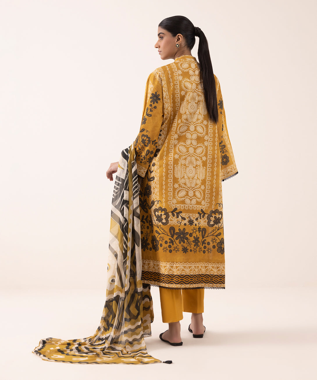 Women's Unstitched Lawn Printed Orange 3 Piece Suit